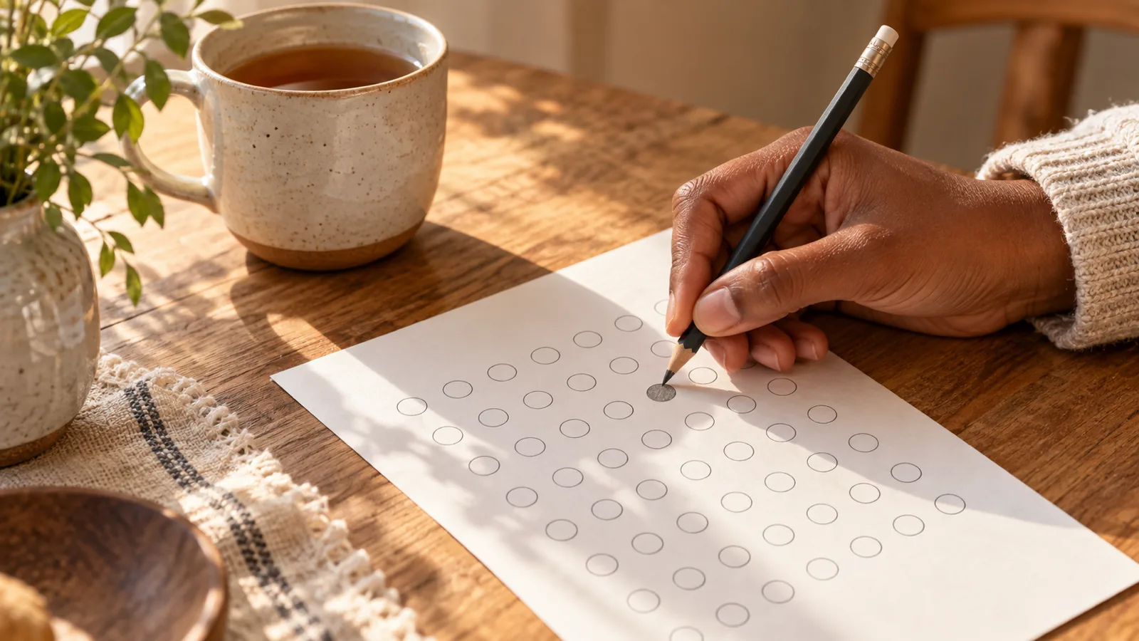 A hand marks one circle on a paper habit tracker grid beside a warm cup of tea.