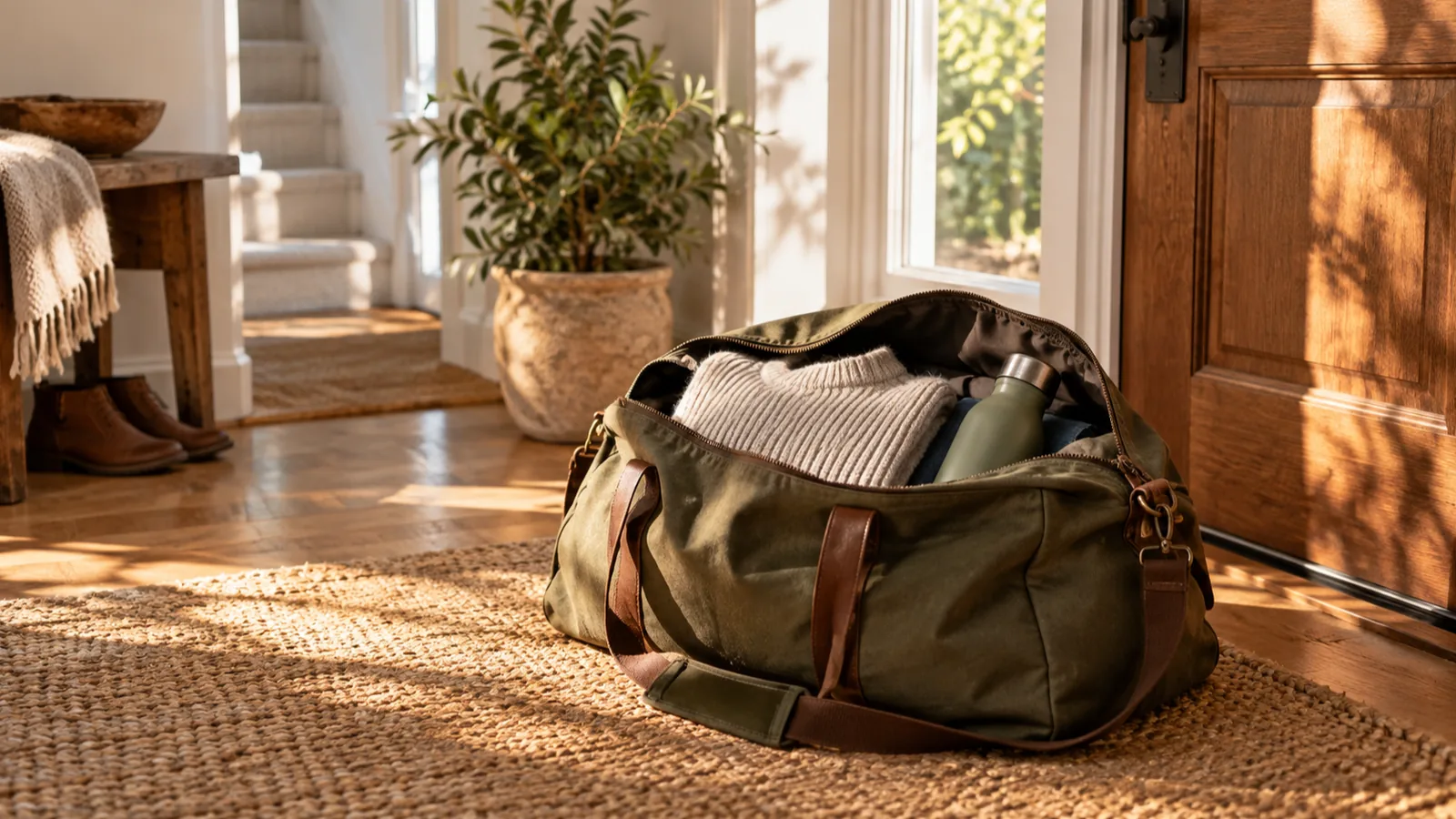 A packed bag waiting by the front door, ready for a busy travel day that could break a new habit.
