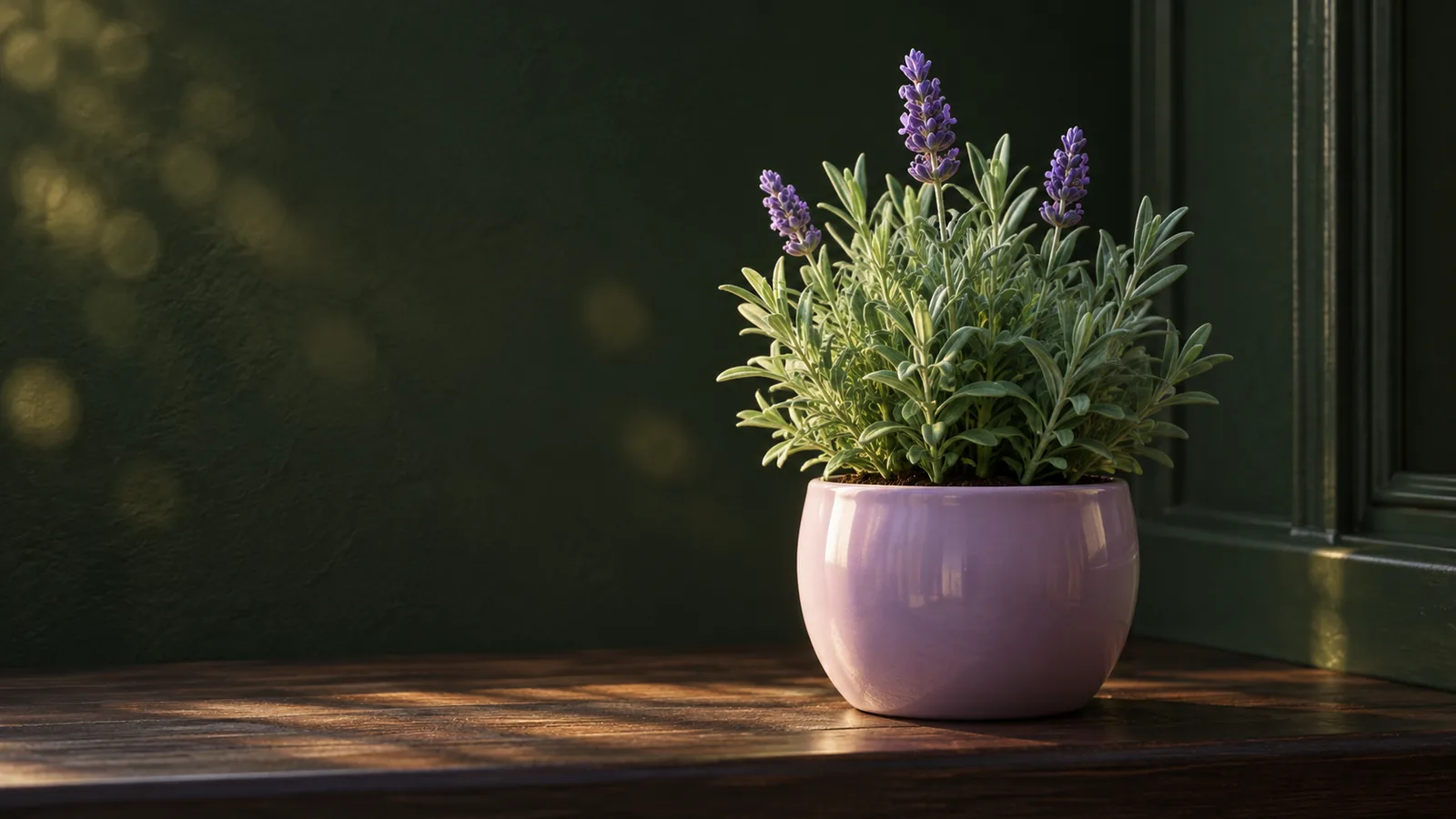 A small lavender plant in a glossy lilac pot on a wooden windowsill in soft morning light