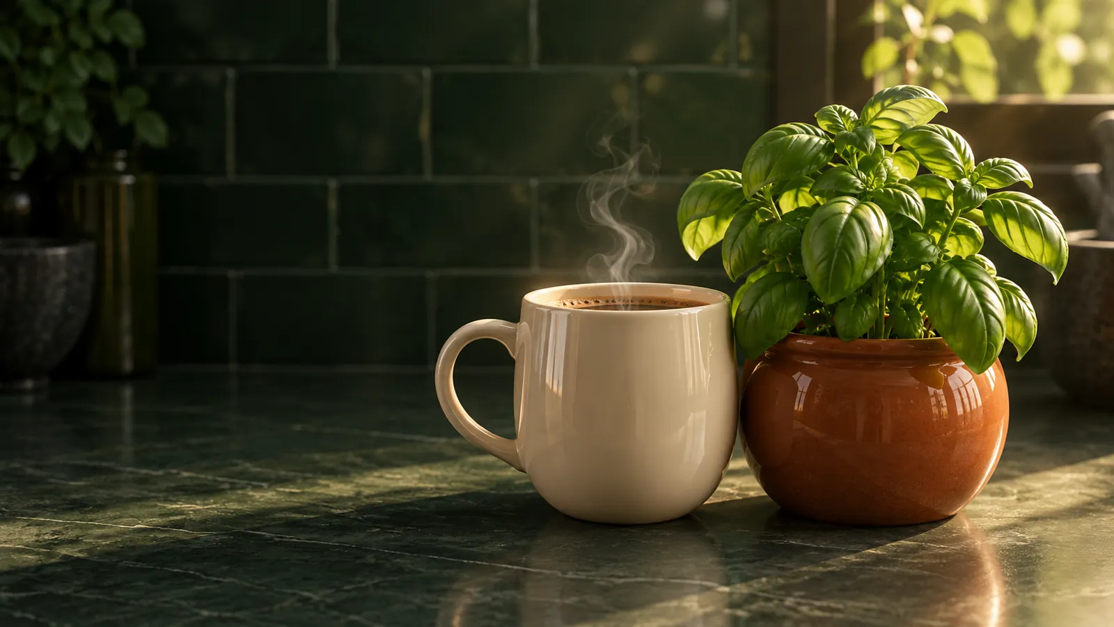 A glossy basil plant in a terracotta pot beside a steaming cream coffee mug on a dark green kitchen counter
