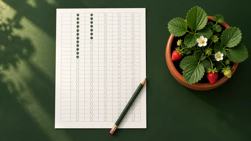 A printable habit tracker sheet with five columns of daily circles, the first few filled in green, beside a pencil and a strawberry plant
