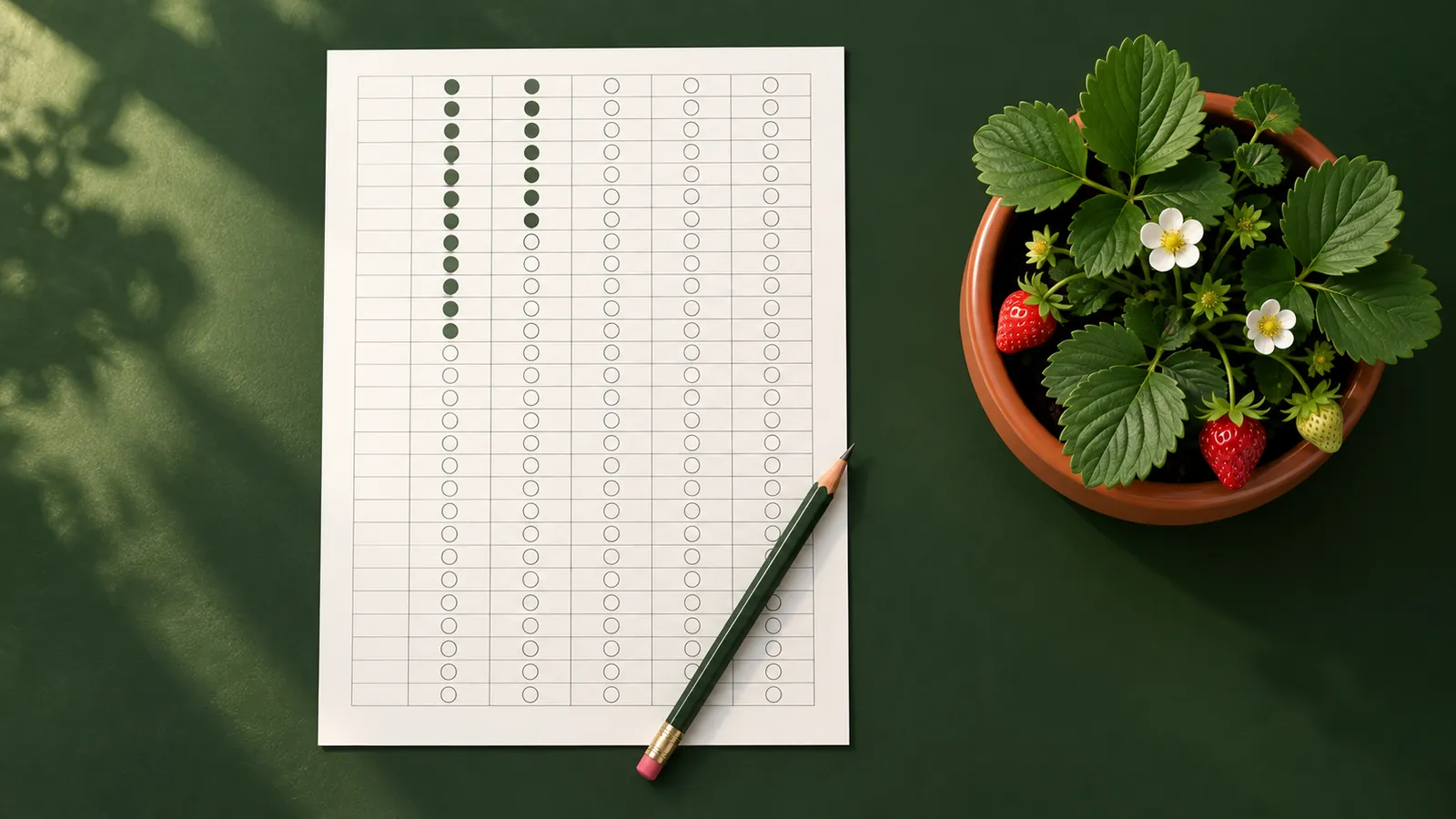 A printable habit tracker sheet with five columns of daily circles, the first few filled in green, beside a pencil and a strawberry plant