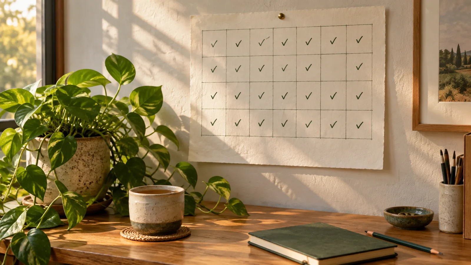 A paper wall calendar with most days ticked in green pencil and one empty square, above a desk with a trailing plant.