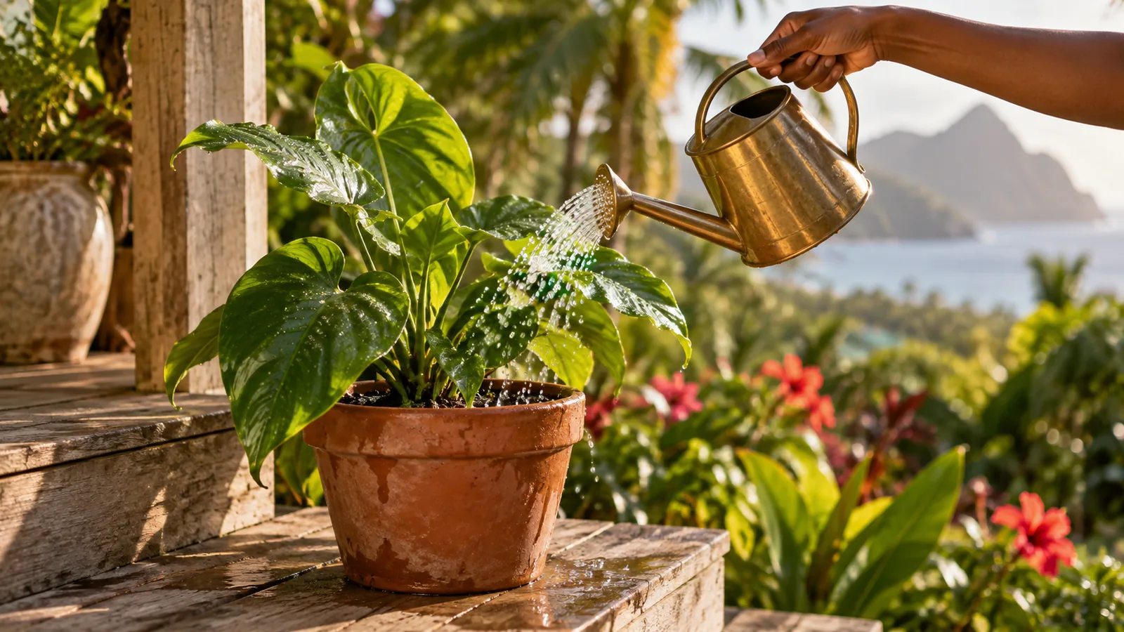 A hand watering a glossy young plant in a terracotta pot with a brass watering can on a sunny veranda step.