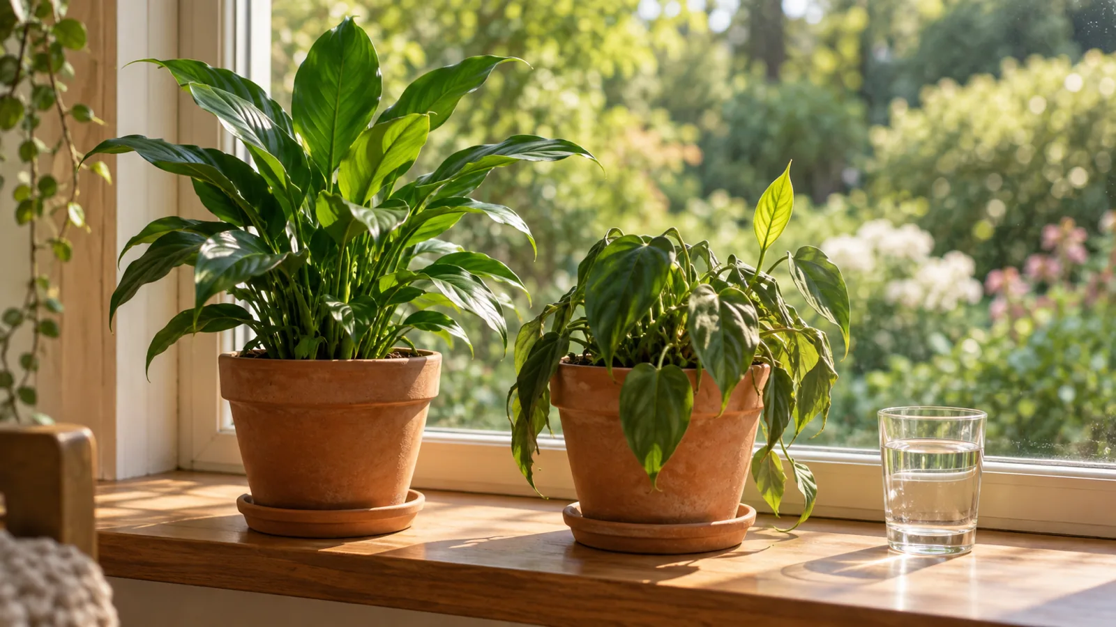 A young glossy plant in a terracotta pot on a sunny windowsill beside a slightly wilted but recovering sibling plant, both catching warm morning light