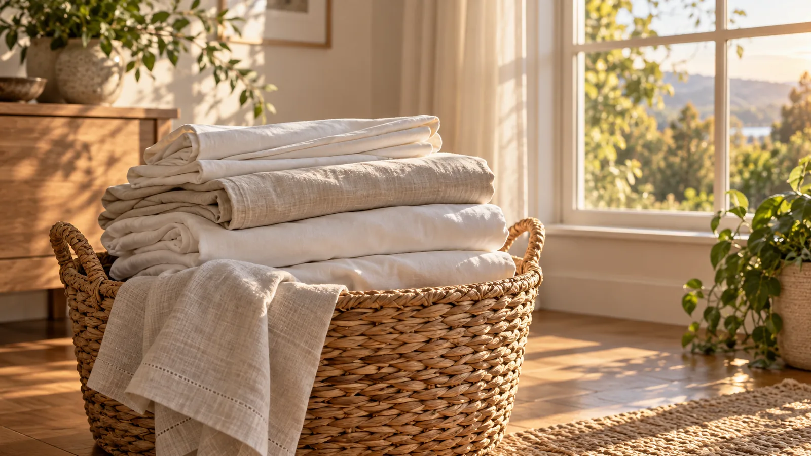 A basket of freshly folded bedsheets by a window, a weekly chore for a habit tracker, not a to-do list.