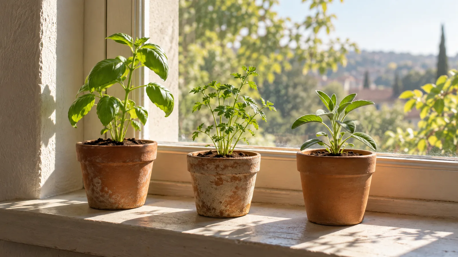 Three small potted seedlings in a row on a sunny windowsill, one for each habit worth tracking and growing steadily.