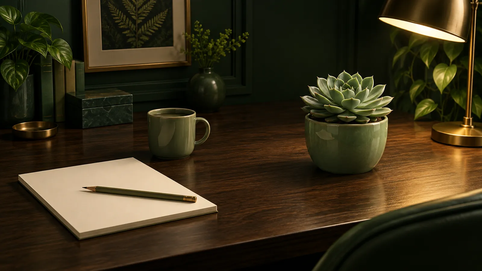 A glossy succulent in a sage green pot on a dark wooden desk beside a blank notepad, a pencil and a small cup