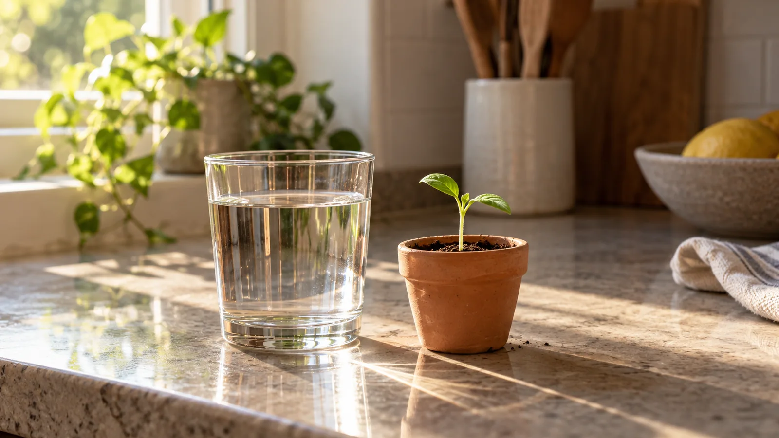 A glass of water beside a tiny seedling in a terracotta pot on a sunny kitchen counter