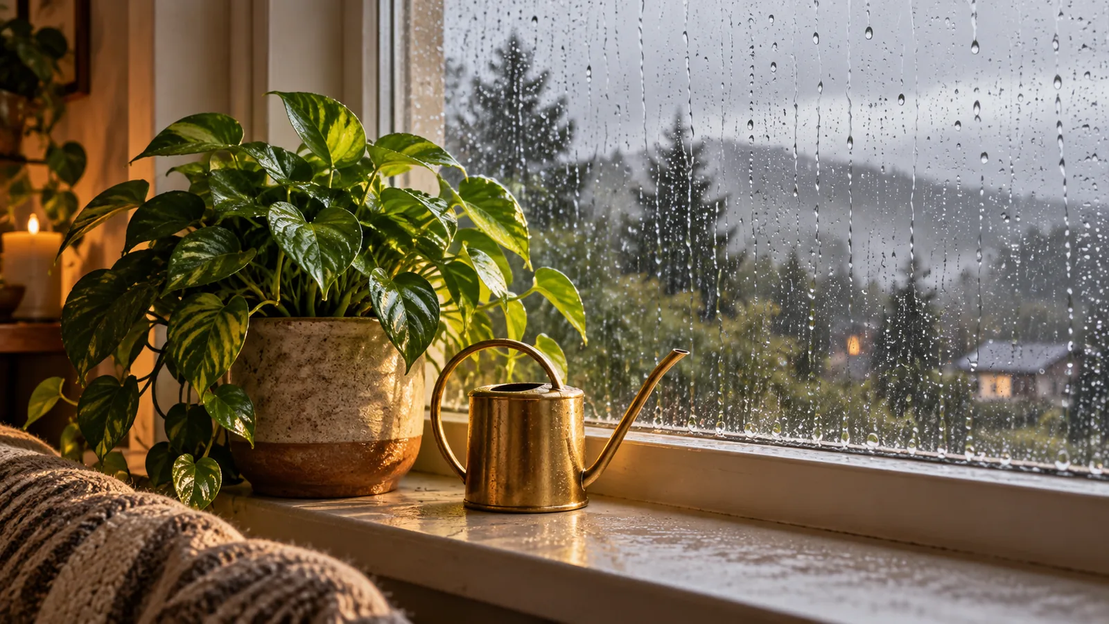 A leafy potted plant on a rainy windowsill beside a small brass watering can