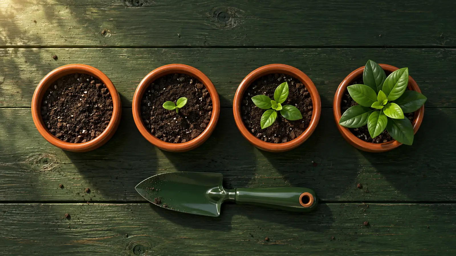Four terracotta pots in a row, from bare soil to a sprout to a small leafy plant, showing how a habit builds a little at a time