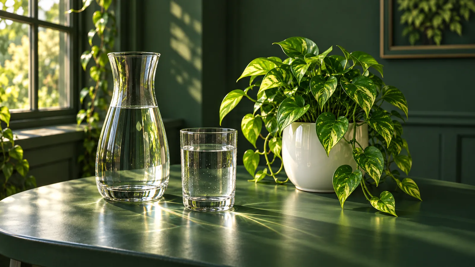 A glass carafe and a glass of water catching morning light beside a glossy pothos plant on a dark green table