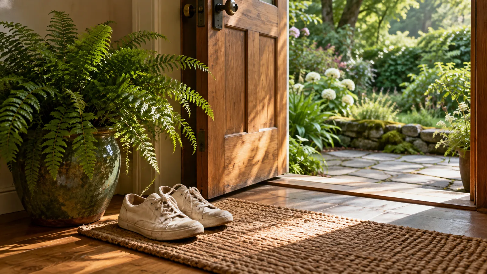 A pair of walking shoes on a woven mat by a half-open front door, ready for the day after a missed walk.