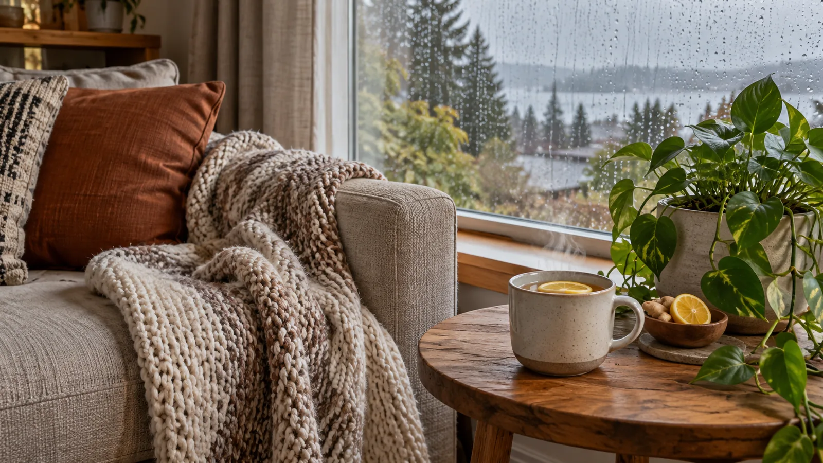 A cosy sofa corner with a knitted throw and a mug of ginger tea on a rainy afternoon.