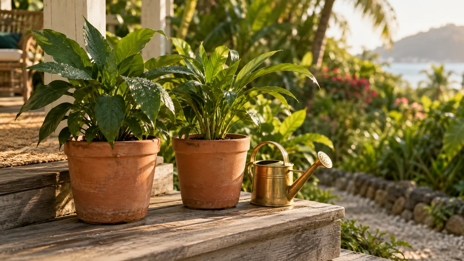 Two glossy young plants in terracotta pots on a wooden veranda step beside a brass watering can, one with fresh water drops on its leaves