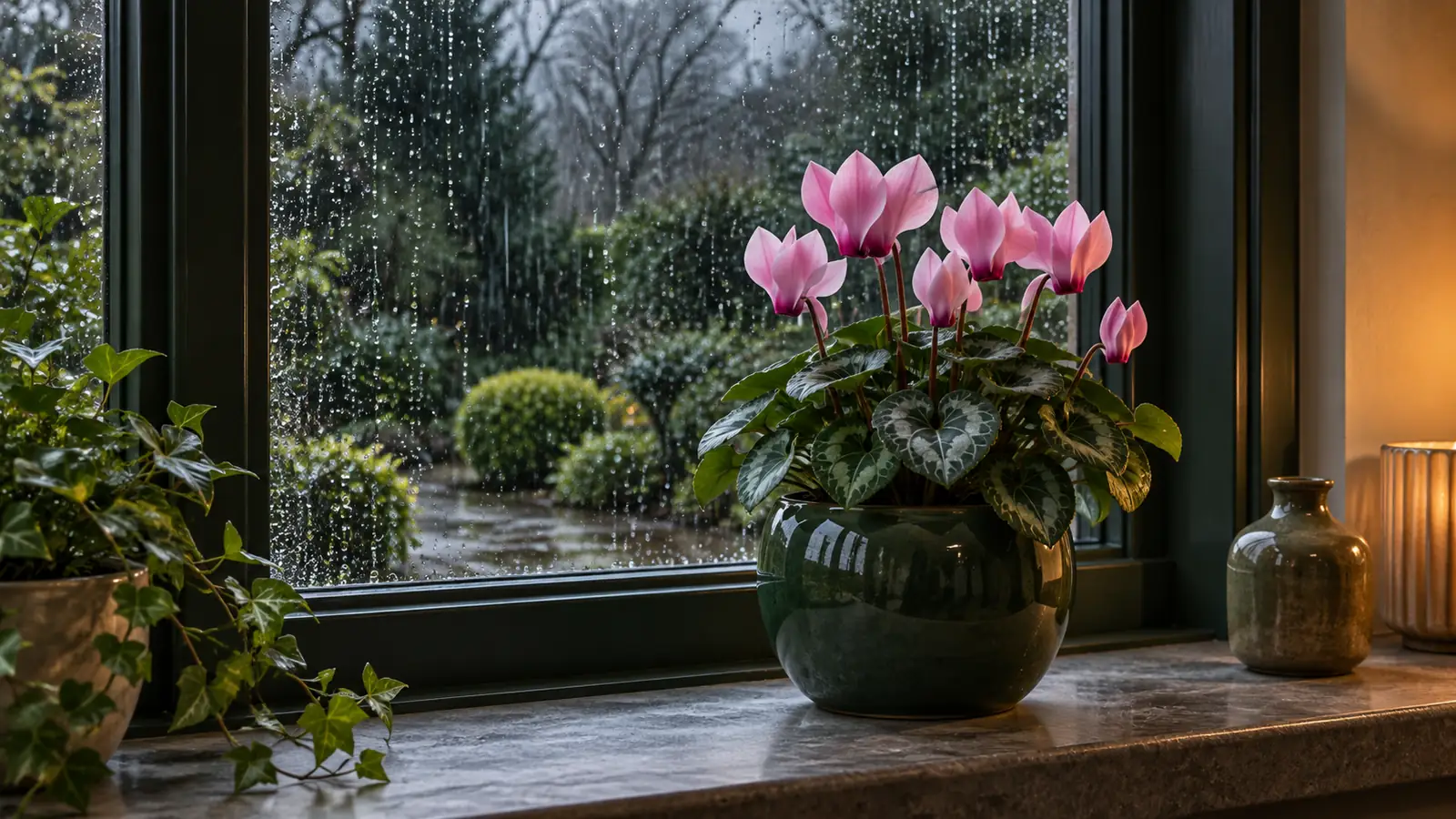 A glossy cyclamen with pink flowers in a deep green pot on a windowsill, with rain on the glass behind it