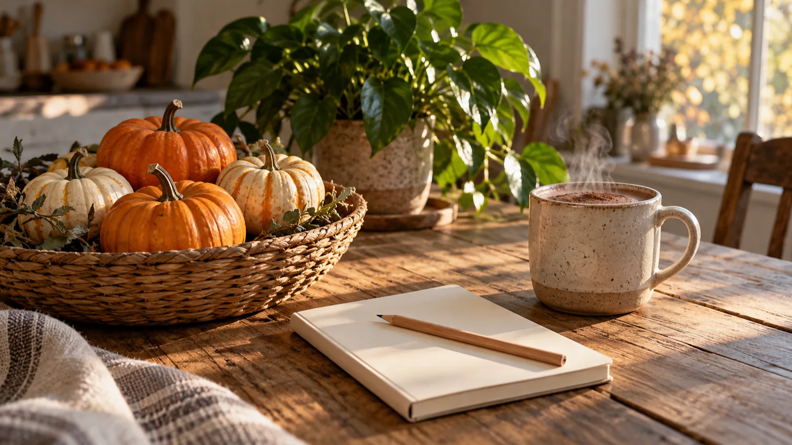 A basket of small pumpkins, a closed notebook with a pencil and a mug of cocoa on a wooden table.