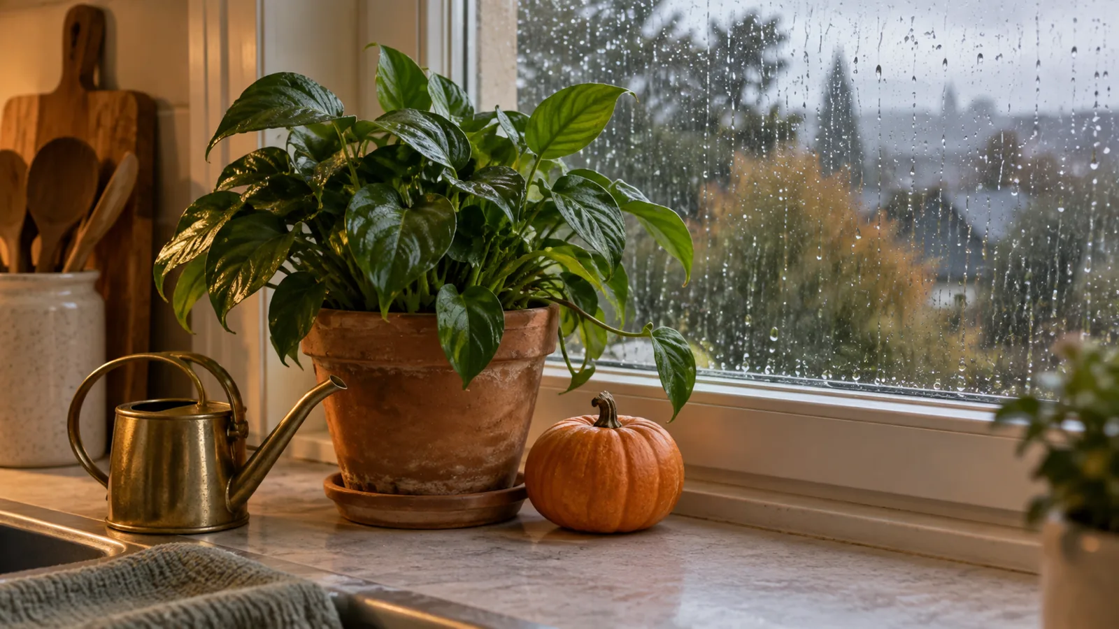 A young potted plant, a small watering can and a tiny pumpkin on a rainy kitchen windowsill.