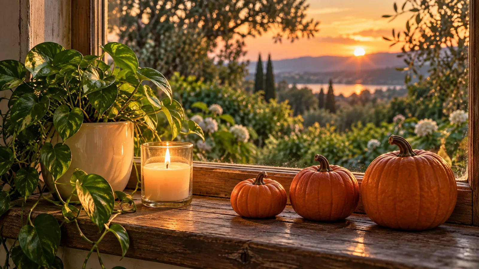 October habit tracker ideas: three small orange pumpkins and a glossy trailing plant on a wooden windowsill at dusk, beside a candle in a glass jar