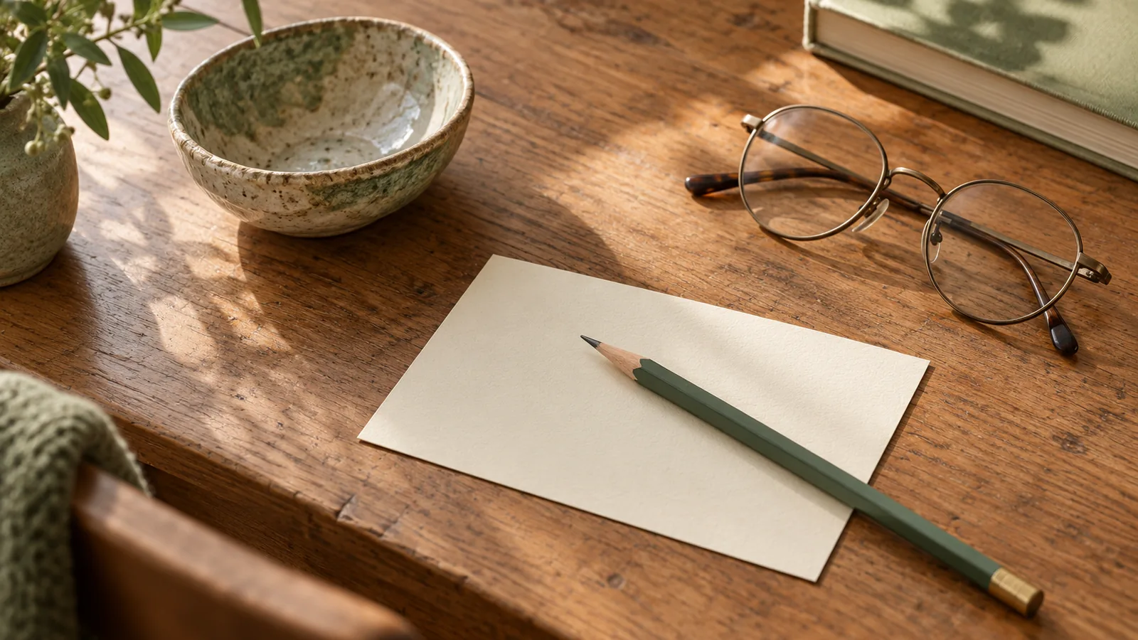 A pencil on a blank index card beside reading glasses and a small ceramic bowl on a wooden desk