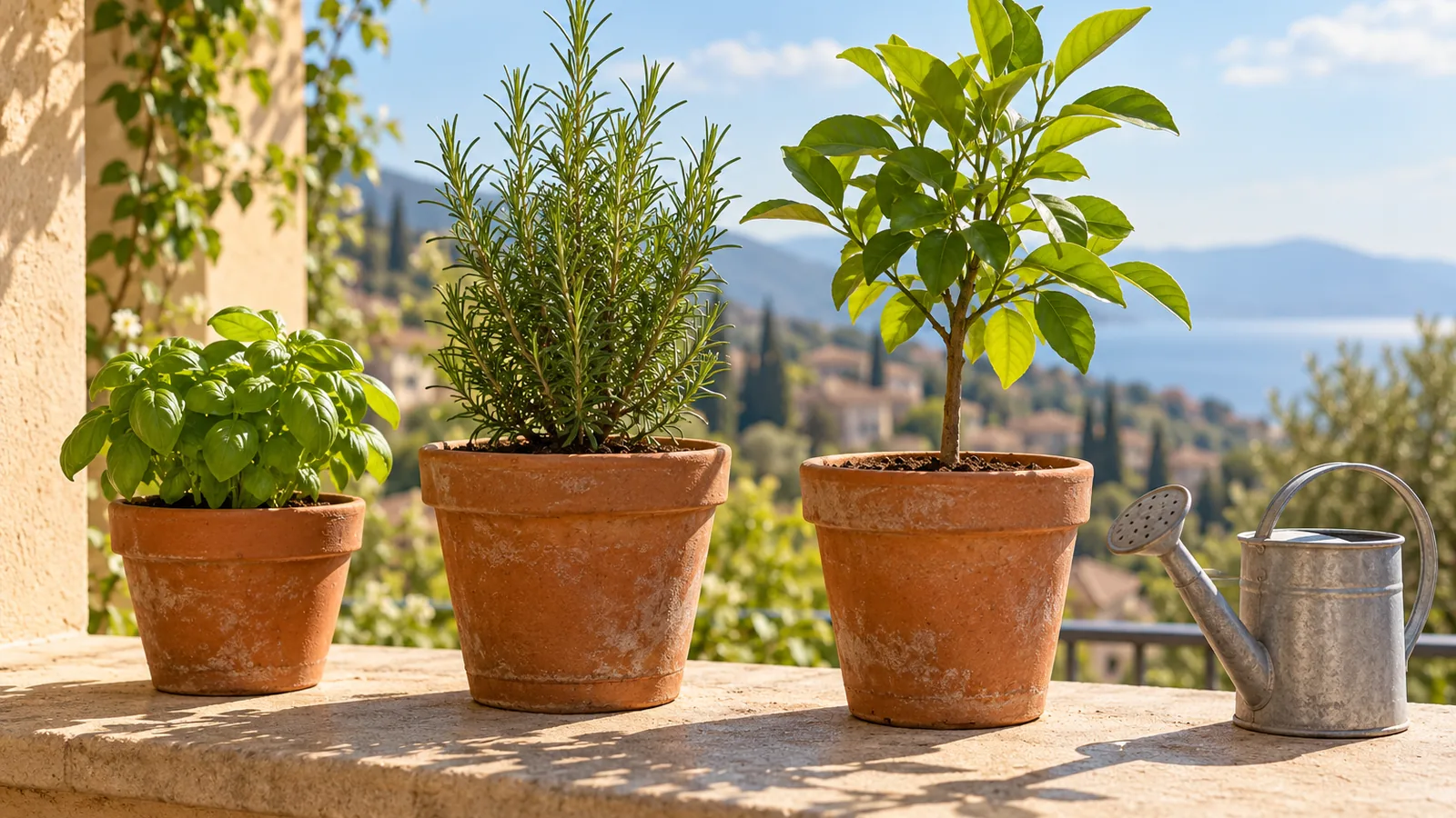 Three terracotta pots on a sunny balcony ledge, each with a young plant at a different height
