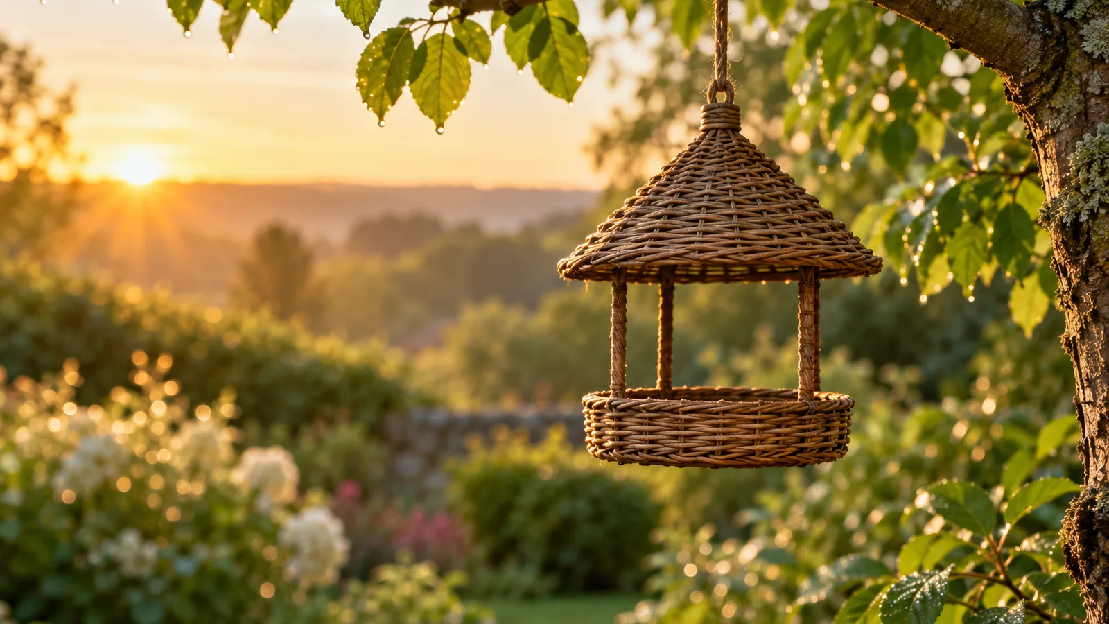 An empty wicker bird feeder hanging from a branch in a dewy garden at sunrise