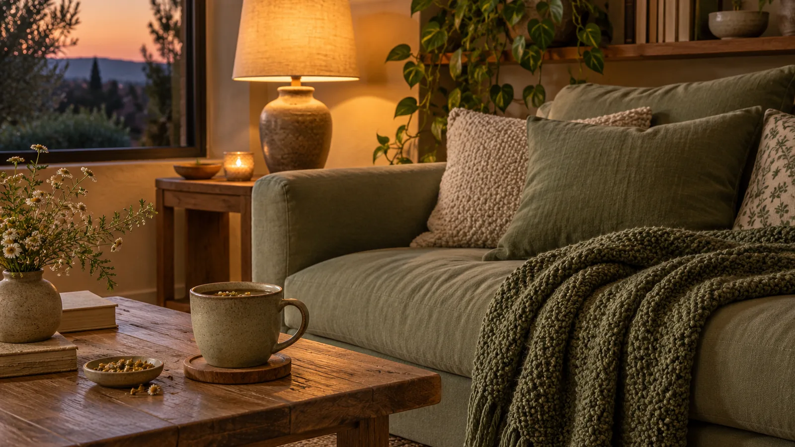 A sofa corner with a knitted throw, a lit lamp, a mug of tea and a trailing plant in warm evening light