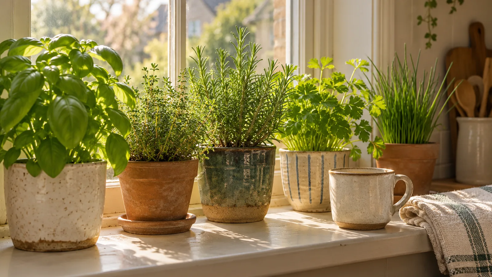 A row of potted herbs on a kitchen windowsill beside a ceramic mug and a folded tea towel