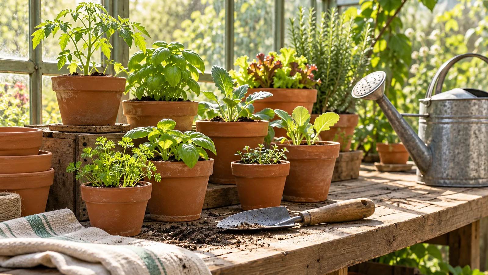 Young seedlings in terracotta pots at different heights on a greenhouse potting bench beside a trowel and watering can