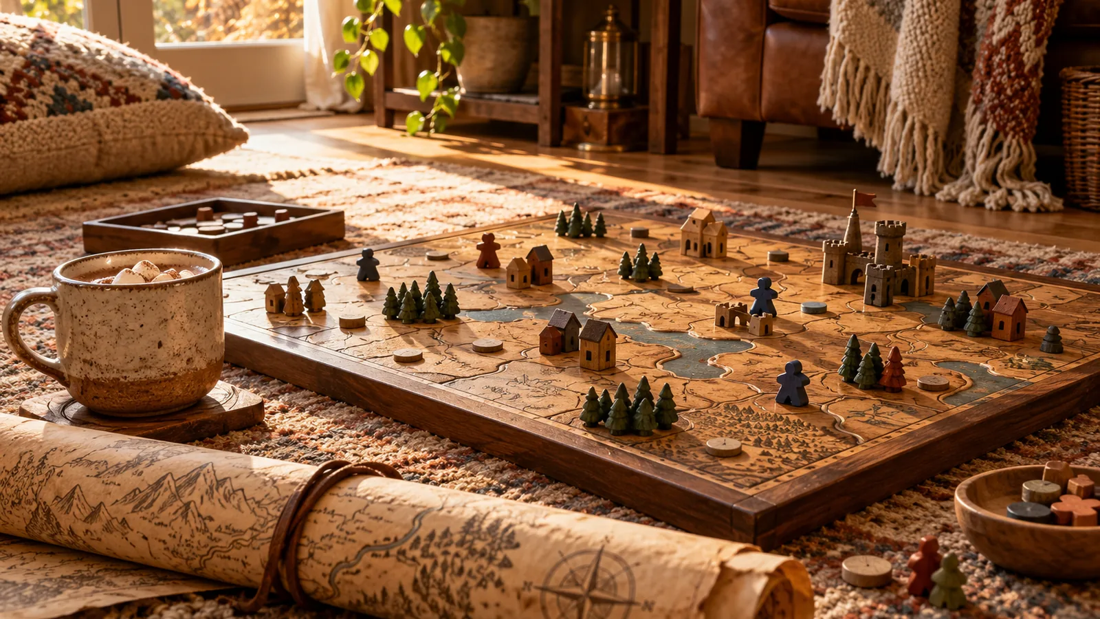 A board game with wooden pieces and a rolled-up map on a living-room floor beside a mug of cocoa