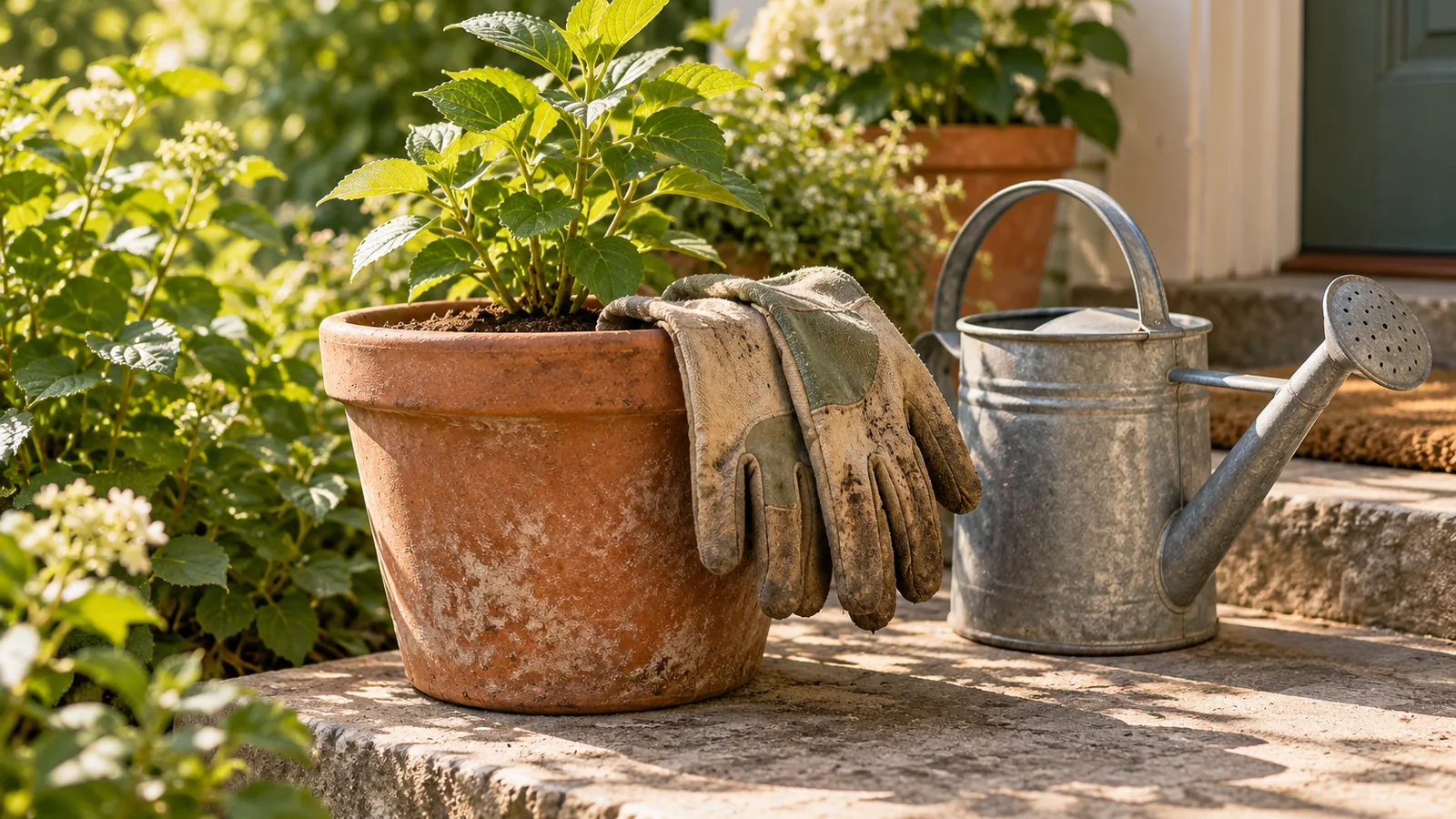Gardening gloves on the rim of a terracotta pot with a young seedling beside a watering can on a sunny porch step