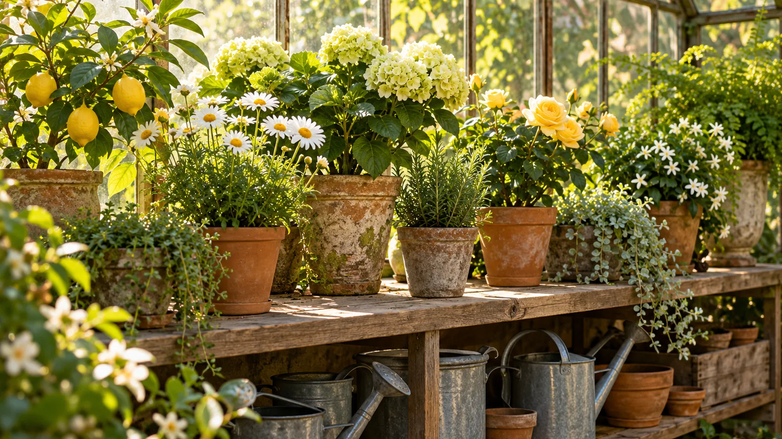 A greenhouse shelf with a row of potted plants, some in flower, with sunlight streaming through glass panes