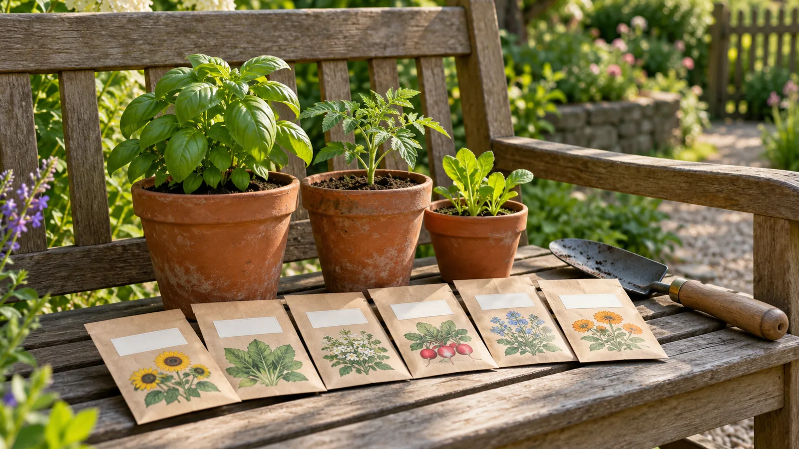 A wooden garden bench with seed packets, a small trowel and clay pots with seedlings in morning light