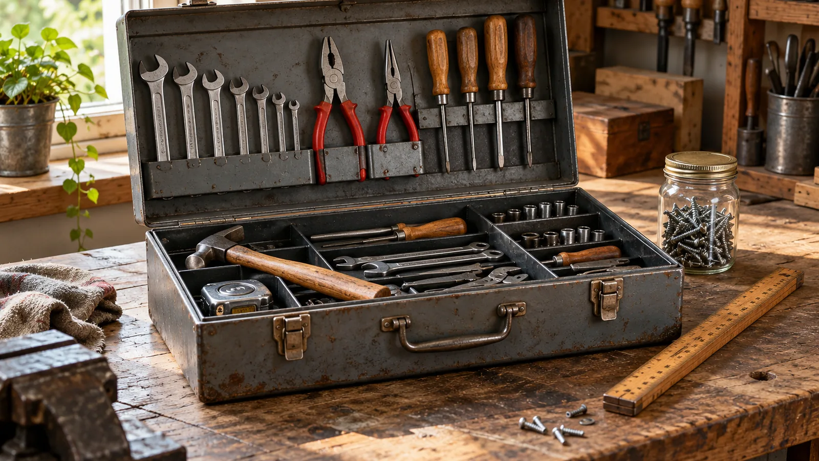 An open toolbox with neatly arranged hand tools, a wooden ruler and a jar of screws on a workshop bench