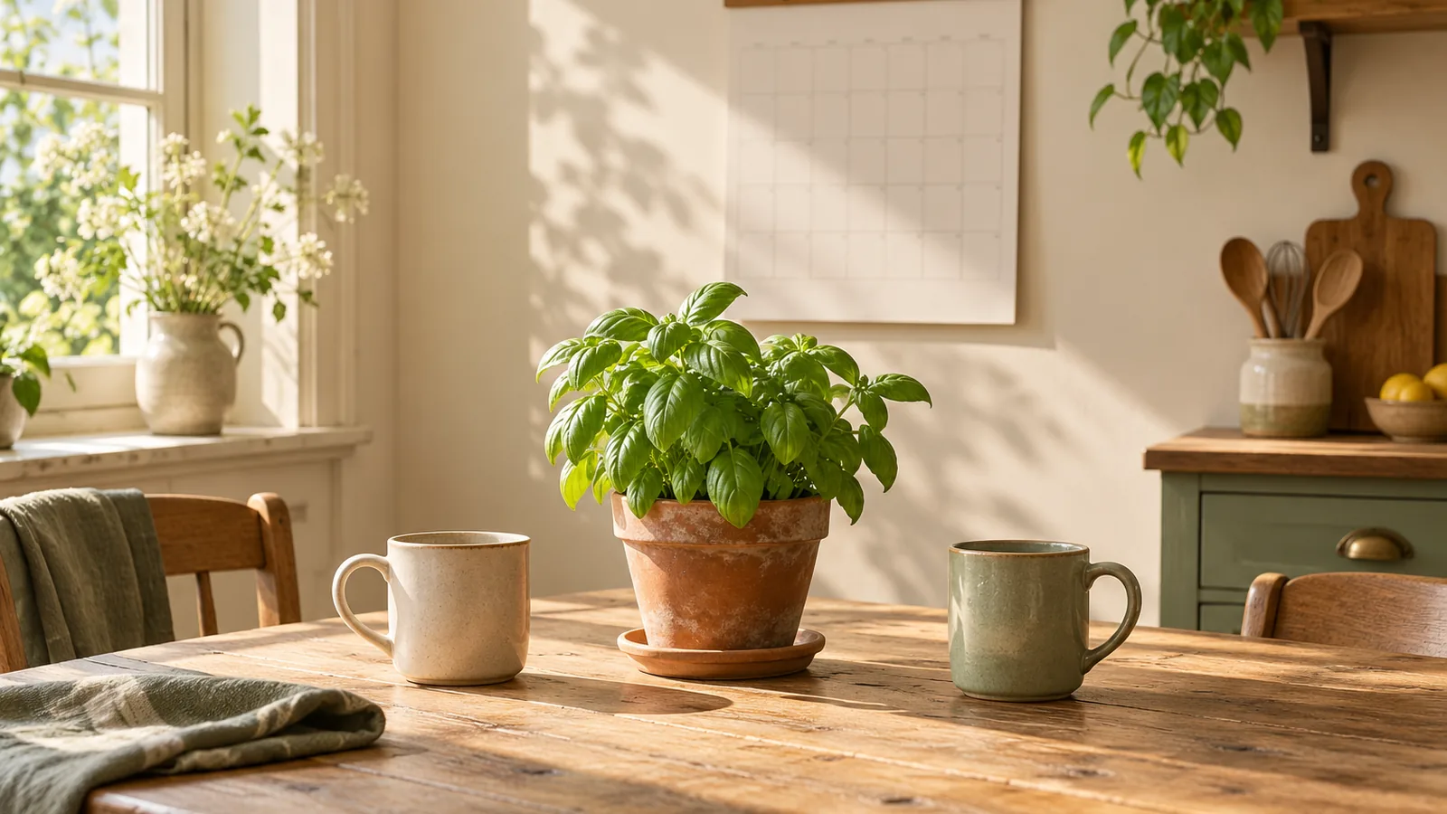 A kitchen table with two mugs and a basil plant in a clay pot in front of a wall calendar in morning light