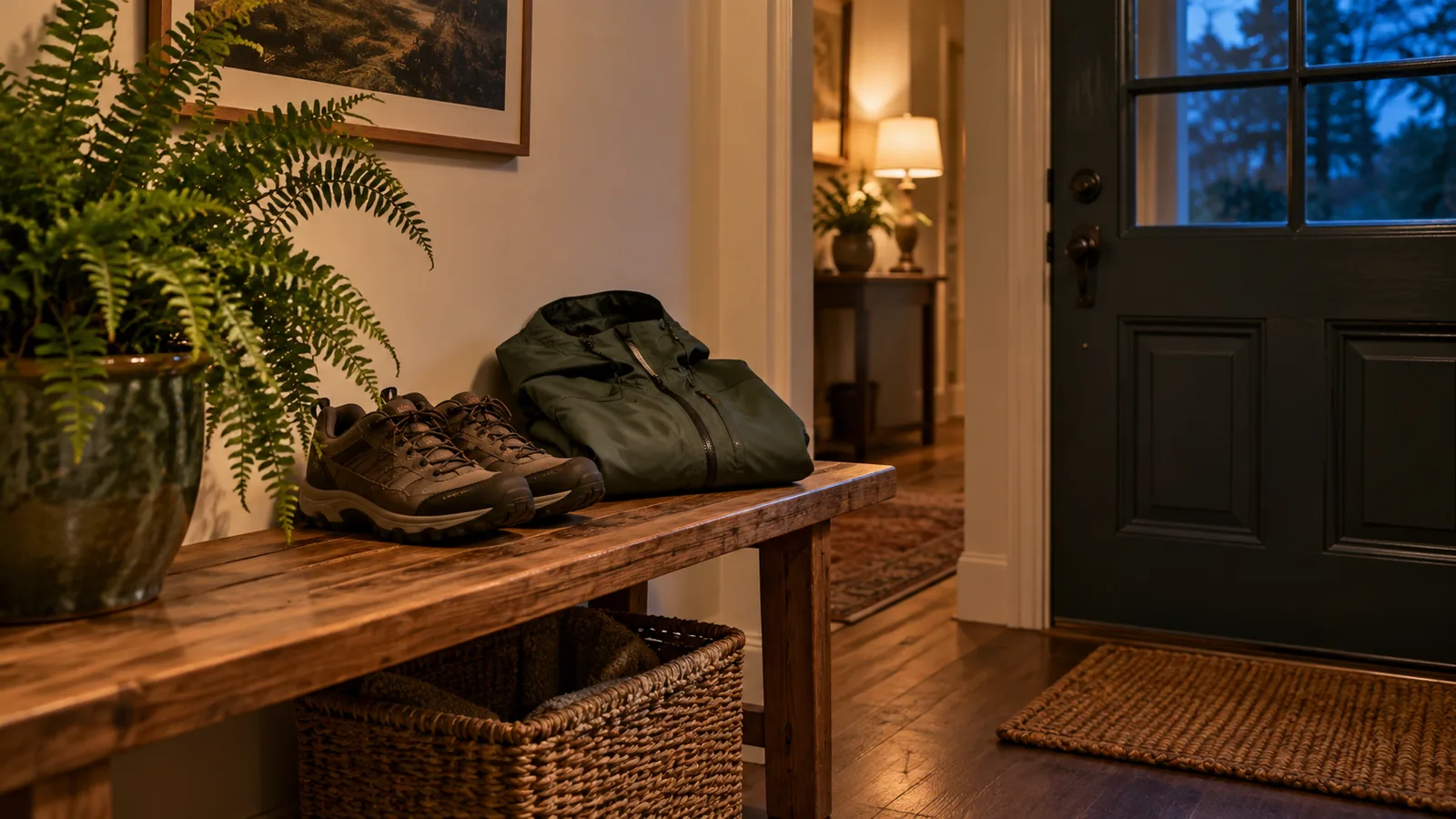 Walking shoes and a folded rain jacket on a bench by the front door at dusk, with a warm lamp on.