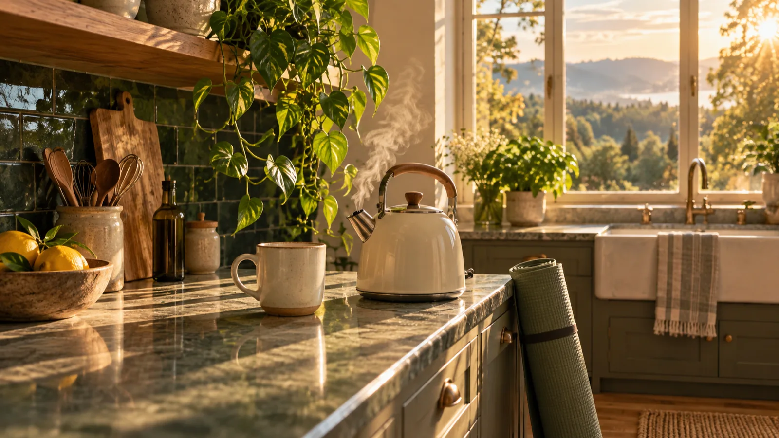 A kettle beginning to steam beside a mug on a sunny counter, with a folded mat leaning nearby.