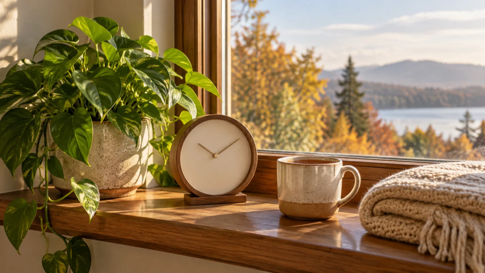 A glossy potted plant on a windowsill beside a wooden mantel clock in soft early morning autumn light, a calm start to the routine after daylight saving time ends