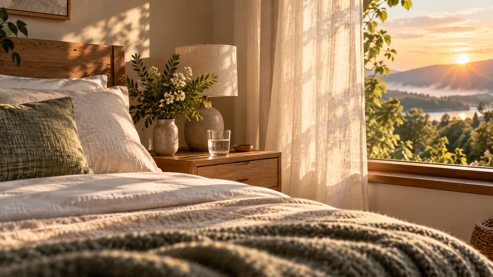 A glass of water on a nightstand beside an open curtain, the first small step in a morning routine.