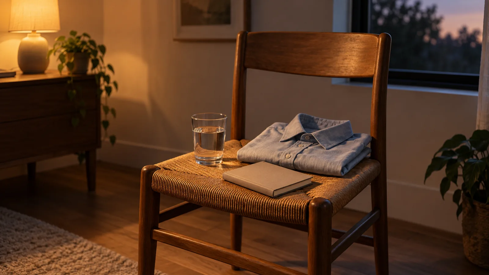 Water, folded clothes and a notebook laid out the night before, ready for a simple morning routine.