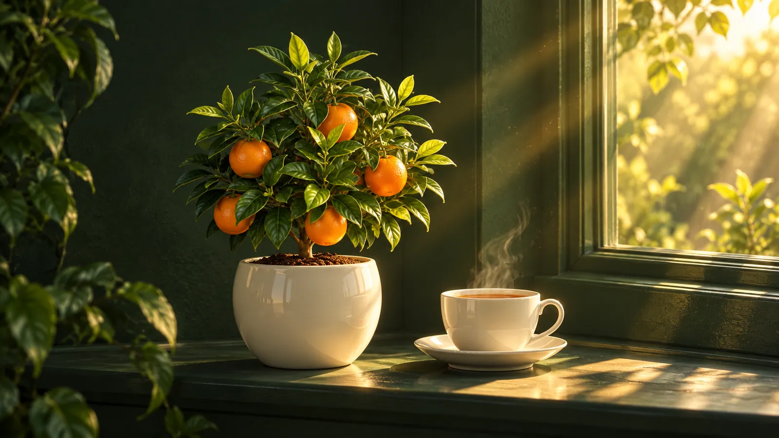 A glossy dwarf orange tree with small oranges beside a steaming teacup on a windowsill in golden sunrise light