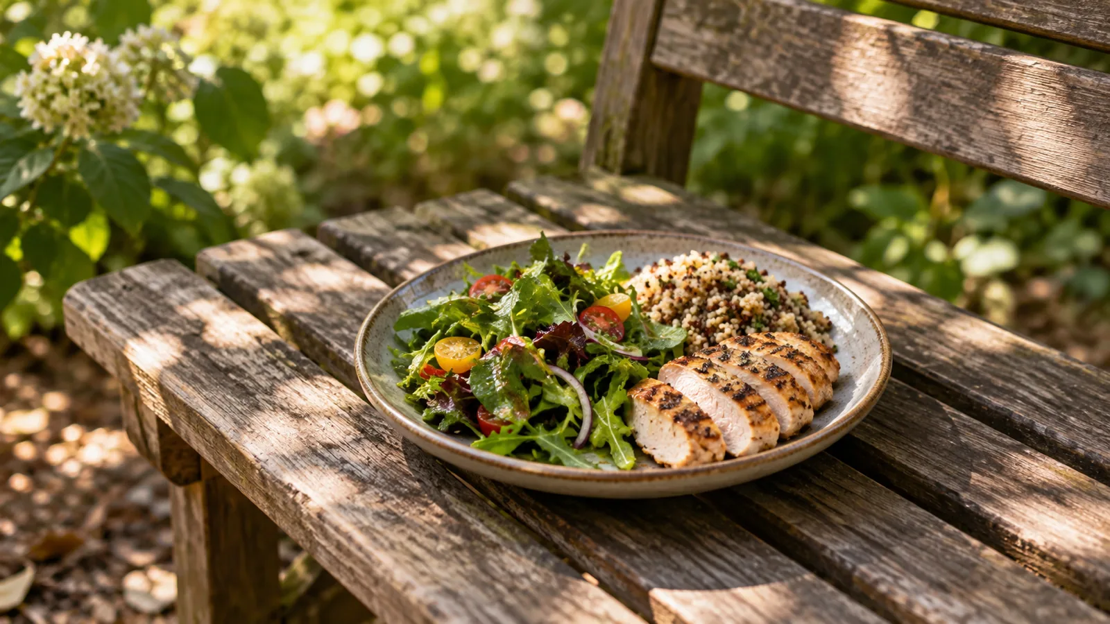 A simple lunch plate on an outdoor bench in dappled shade, a quiet midday pause away from any screen.