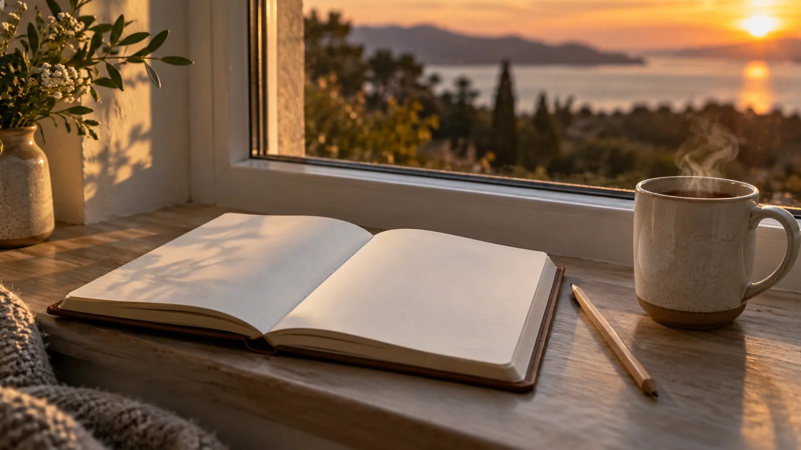 A blank journal page and a pencil beside a steaming mug on a quiet windowsill, ready for a few lines.