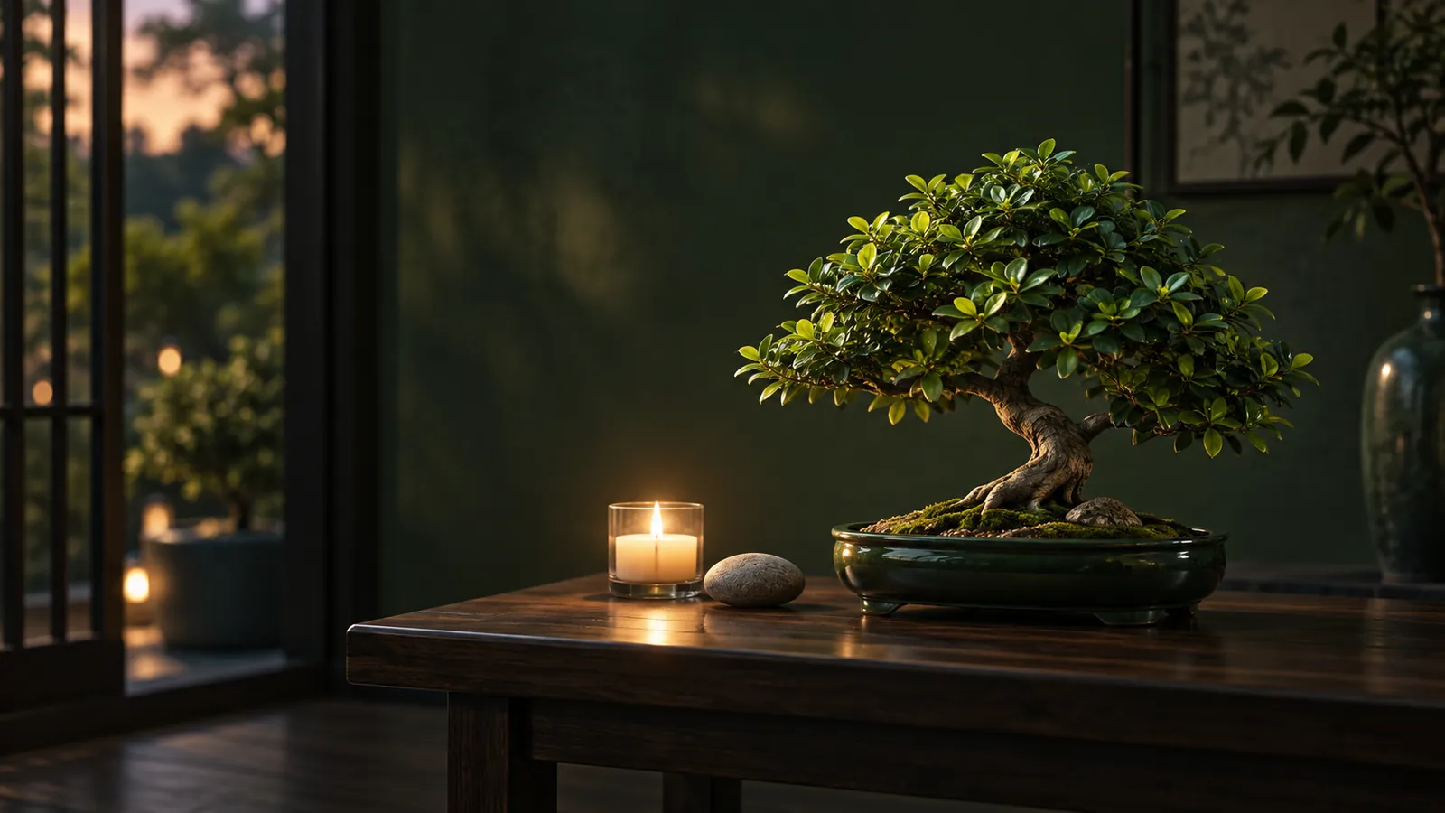 A small glossy bonsai tree in a shallow green dish on a dark wooden table beside a lit candle and a smooth stone