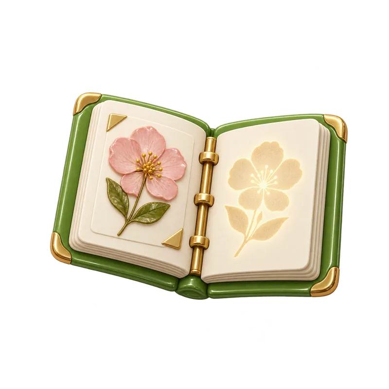 An open plant album with a pressed pink flower and space for the next one