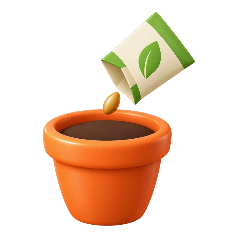 A seed packet pouring a new seed into a terracotta pot of soil