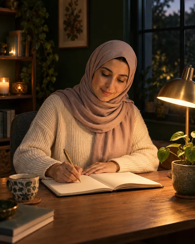 A woman in a soft hijab writing in a notebook at her desk by lamplight