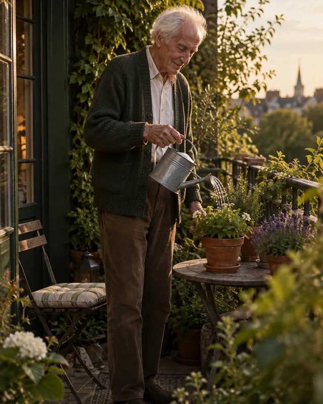 An older man in a cardigan watering potted plants on his balcony