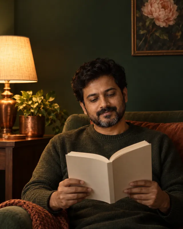 A man with a short beard reading a paperback in an armchair under a warm lamp
