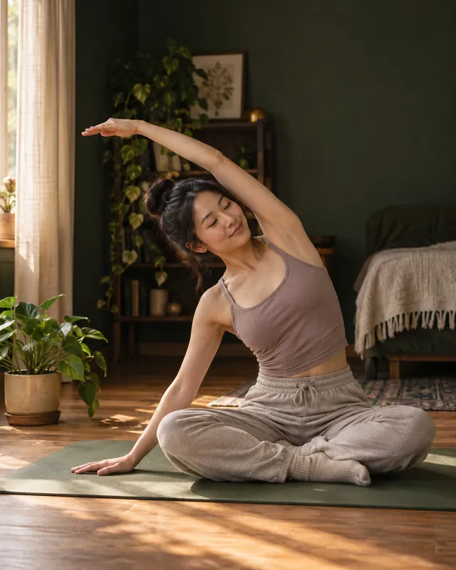 A young woman doing a seated side stretch on a yoga mat in morning light